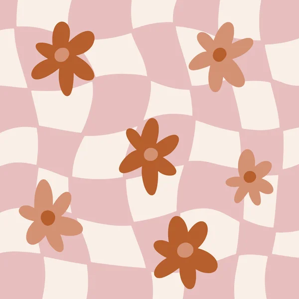 1970 Retro Daisy Pattern Distlared Checkered Background 마취제를 드로잉 Vector — 스톡 벡터