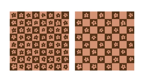 Groovy Nahtlose Muster Mit Lustigen Fröhlichen Gänseblümchen Schach Set Von — Stockvektor