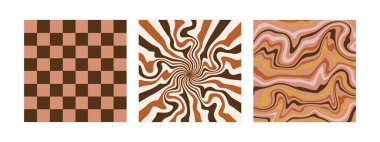 Retro 70 'lerin psikedelik desenleri ve havalı hippi geçmişleri. Çizgi film funky baskı, hippi şablon vektör seti.