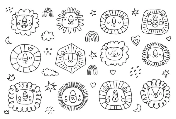 Leões Doodle Bonito Definido Ilustração Infantil Clipart Cabeças Selva Animais — Vetor de Stock