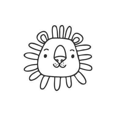 Elle çizilmiş şirin aslan illüstrasyonu. Ormanın kralı. Tekstil karalama grafik baskı tasarımı. Çocuk odası sanatı.