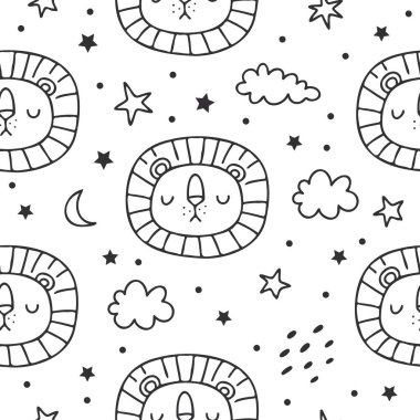 Elle çizilmiş şirin aslan vektör çizimi. Posterler, kartlar, tişörtler için el çizimi vektör çizimi. Sevimli aslan pürüzsüz deseni