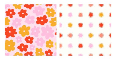 Eski moda yaz şablonu çiçekleri hazırladı. Eriyen organik şekilli modern kumaş tasarımı için tuhaf retro estetik baskılar.