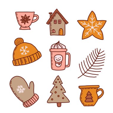 Karalama tarzında bir dizi Noel tasarım elemanı. Yüksek kaliteli vektör illüstrasyonu