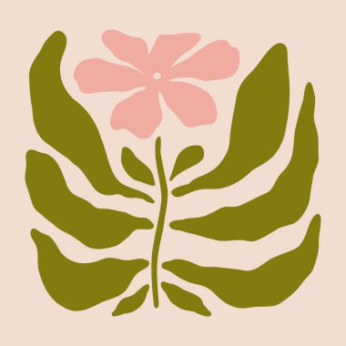 Soyut çiçek posteri. Pastel renklerde çiçek desenli modaya uygun botanik duvar sanatı. Modern saf, modası geçmiş hippi iç dekorasyonları, tabloları. Vektör sanatı çizimleri.