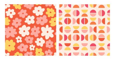 Eski moda yaz şablonu çiçekleri hazırladı. Eriyen organik şekilli modern kumaş tasarımı için tuhaf retro estetik baskılar.