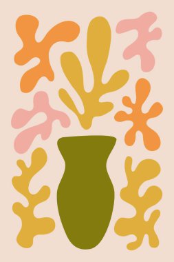 Matisse 'in esinlendiği soyut çiçek posteri. Çiçek desenli modaya uygun botanik duvar sanatı. Modern, modaya uygun iç dekorasyonlar. Vektör sanat illüstrasyonu. Danimarka pastel renkleri.