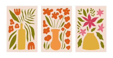 Matisse 'in esinlendiği soyut çiçek posteri. Çiçek desenli modaya uygun botanik duvar sanatı. Modern, modaya uygun iç dekorasyonlar. Vektör sanat illüstrasyonu. Danimarka pastel renkleri.