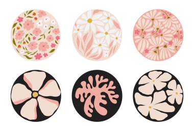 Yuvarlak soyut çiçek etiketi ve 1970 model psikedelik moda çiçek. Boho estetik posteri yuvarlak. 1970 vektör antika kart tasarımı. Grafik tişört, kapak. Eğlenceli eski hippi tasarımı