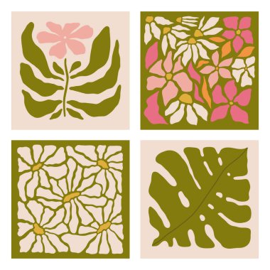 Çiçekli buketler. İç boyama. Kapaklar için renkli çiçek çizimleri ve resimler. Vektör illüstrasyonu.