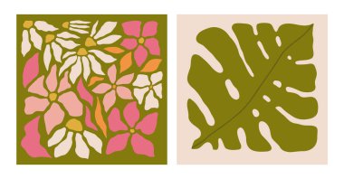 Soyut çiçek posterleri. Pastel renklerde çiçek desenli modaya uygun botanik duvar sanatı. Modern naif, modaya uygun iç dekorasyon, tablolar. Vektör sanatı illüstrasyonu.