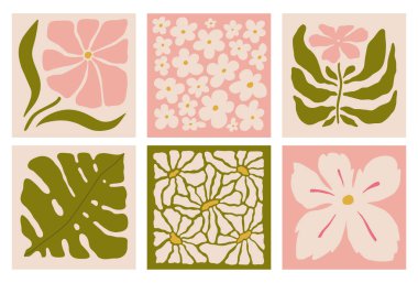 Soyut çiçek posterleri. Vahşi çiçek bitkileriyle moda botanik duvar sanatları, hippi tarzı yaprak. Modern naif, modaya uygun iç dekorasyon, tablolar. Renkli düz vektör çizimleri