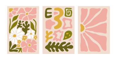 Soyut çiçek posterleri. Modern trend Matisse minimal tarzı. Duvar kağıdı, duvar dekoru, baskı, kartpostallar, kapaklar, şablonlar, afişler için el çizimi tasarımı.