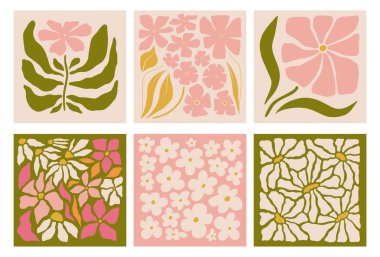 İçinde çiçekler olan soyut modern posterler. İç boyama. Kapaklar için renkli çiçek çizimleri ve resimler. Vektör çizimi. Çiçek izi