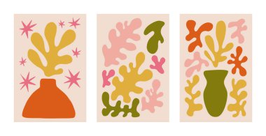 Matisse 'in esinlendiği soyut çiçek posterleri. Çiçek desenli modaya uygun botanik duvar sanatı. Modern, modaya uygun iç dekorasyonlar. Vektör sanat illüstrasyonu. Danimarka pastel renkleri.