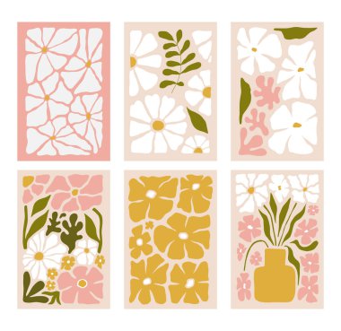 Soyut çiçek posterleri. Modern trend Matisse minimal tarzı. Duvar kağıdı, duvar dekoru, baskı, kartpostallar, kapaklar, şablonlar, afişler için el çizimi tasarımı.