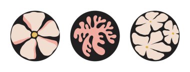 Yuvarlak soyut çiçek etiketi ve 1970 model psikedelik moda çiçek. Boho estetik posteri yuvarlak. 1970 vektör antika kart tasarımı. Grafik tişört, kapak. Eğlenceli eski hippi tasarımı