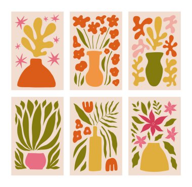 Abstract flower posters. Trendy botanical wall art with floral plants, and leaves in hippie style. Modern naive groovy funky interior decorations, and paintings. Colorful flat vector illustrations clipart