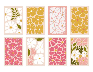 Modern çiçek posterleri. Çiçekli baskı seti. Soyut bir tablo. Kapaklar için renkli sanat. Dekorasyon için vektör illüstrasyonu, posterler, t-shirt baskısı, sosyal medya grafikleri, duvar sanatı