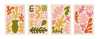 Matisse 'in esinlendiği soyut çiçek posterleri. Çiçek desenli modaya uygun botanik duvar sanatı. Modern, modaya uygun iç dekorasyonlar. Vektör sanat illüstrasyonu. Danimarka pastel renkleri.