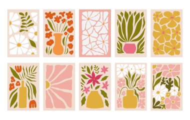 Soyut çiçek posteri. Vahşi çiçek bitkileriyle moda botanik duvar sanatları, hippi tarzı yapraklar. Modern naif, modaya uygun iç dekorasyon, tablolar. Renkli düz vektör çizimleri