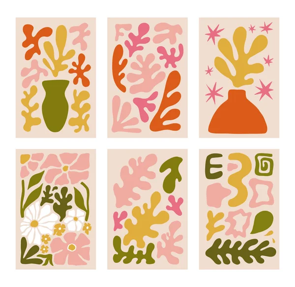 Absztrakt Virágos Plakátok Modern Trendi Matisse Minimális Stílus Kézzel Rajzolt — Stock Vector