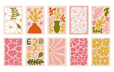 Soyut çiçek posterleri. Vahşi çiçek bitkileriyle moda botanik duvar sanatları, hippi tarzı yapraklar. Modern naif, modaya uygun iç dekorasyon, tablolar. Renkli düz vektör çizimleri