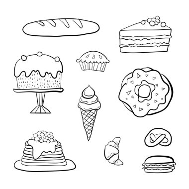 Food doodle hand drawn sketch symbols and objects. Set of kitchen and cooking elements. Vector illustration. Can be used for wallpaper, pattern fills, textile, web page background, surface textures.