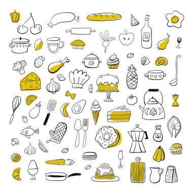 Food doodle hand drawn sketch symbols and objects. Set of kitchen and cooking elements. Vector illustration. Can be used for wallpaper, pattern fills, textile, web page background, surface textures.
