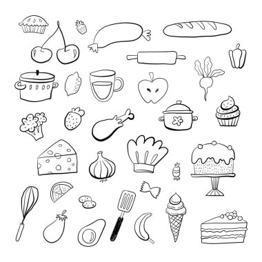 Food doodle hand drawn sketch symbols and objects. Set of kitchen and cooking elements. Vector illustration. Can be used for wallpaper, pattern fills, textile, web page background, surface textures.