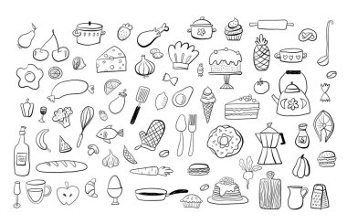 Food doodle hand drawn sketch symbols and objects. Set of kitchen and cooking elements. Vector illustration. Can be used for wallpaper, pattern fills, textile, web page background, surface textures.
