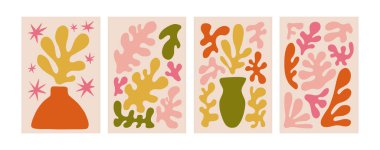 Matisse 'in esinlendiği soyut çiçek posterleri. Çiçek desenli modaya uygun botanik duvar sanatı. Modern, modaya uygun iç dekorasyonlar. Vektör sanat illüstrasyonu. Danimarka pastel renkleri.