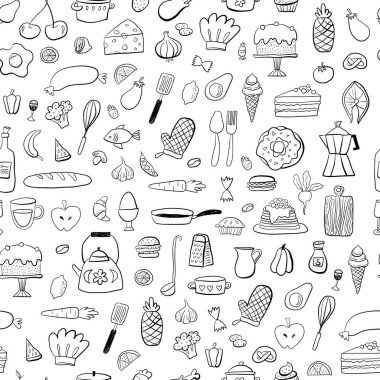 Yemek pişirme şekli kusursuz. Sebzeler, tencereler, kaşıklar, baharatlar. Mutfakta arka plan çizilmiş. Vektör çizimi. Tasarım biçimi. 