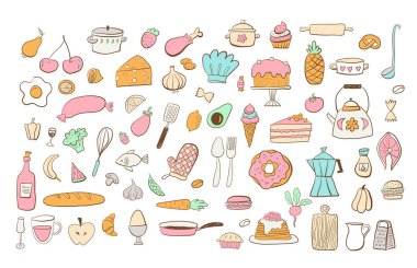 Sağlıklı gıda seti. Sebze, meyve, tatlı, mantar ve balık koleksiyonu. Doğal organik beslenme. Taze vitamin ürünleri. Beyaz arkaplanda izole edilmiş renkli düz vektör çizimi