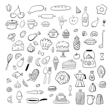 Food doodle hand drawn sketch symbols and objects. Set of kitchen and cooking elements. Vector illustration. Can be used for wallpaper, pattern fills, textile, web page background, surface textures.