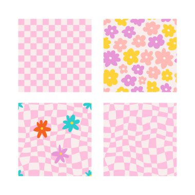 Papatya, dalga ve satrançla mükemmel, pürüzsüz desenler. Moda retro trippy y2k tarzında retro vektör arkaplan kümesi. Pembe renkler. Yüzey tasarımı için eğlenceli, modern hippi dokusu.
