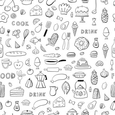 Yemek pişirme şekli kusursuz. Sebzeler, tencereler, kaşıklar, baharatlar. Mutfakta arka plan çizilmiş. Vektör çizimi. Tasarım biçimi. 