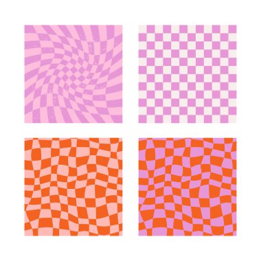 Groovy hippie 70s backgrounds. Checkerboard, chessboard, mesh, waves patterns. Twisted and distorted vector texture in trendy retro psychedelic style. Y2k aesthetic.