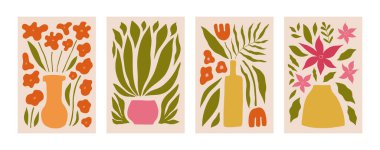 Soyut çiçek posterleri. Çiçekli ve hippi tarzında yaprakları olan son moda botanik duvar sanatı. Modern naif, modaya uygun iç dekorasyon ve tablolar. Renkli düz vektör çizimleri