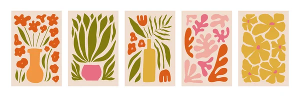 Αφηρημένες Αφίσες Λουλουδιών Μοντέρνο Βοτανικό Τοίχο Τέχνες Άγρια Λουλούδια Φυτά — Διανυσματικό Αρχείο