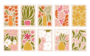 Soyut çiçek posterleri. Vahşi çiçek bitkileriyle moda botanik duvar sanatları, hippi tarzı yapraklar. Modern naif, modaya uygun iç dekorasyon, tablolar. Renkli düz vektör çizimleri