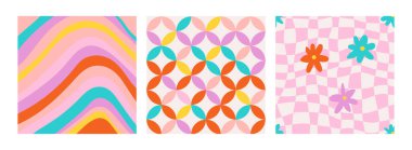 Komik papatya, el sallama, satranç, örgü ve gökkuşağı desenleri. Moda retro trippy y2k tarzında vektör arkaplan kümesi. Mutlu parlak renkler. Yüzey tasarımı için eğlenceli hippi dokusu.