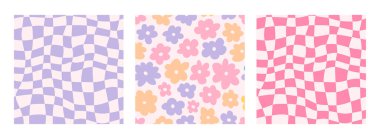 Hippie damalı, papatya çiçekleri ve harika damalı arka planlar. Antika klasik estetik çiçek desenli tekstil baskısı papatya vektörlü retro psikedelik dalga deseni.