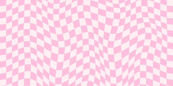 ピンクの歪んだチェッカーボードの背景 レトロなサイケデリックチェッカーの壁紙 重いグルービー チェスボードの表面 トリッピーのねじれた幾何学的なパターン 抽象ベクトルバックドロップ — ストックベクタ