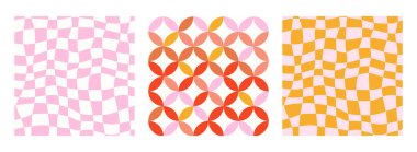 Geçmişteki mükemmel, pürüzsüz desen koleksiyonu. 1970 'lerde tekstil ambalaj kağıdı, web tasarımı ve sosyal medya üzerindeki baskı için psikedelik soyut şebeke arka planı. Turuncu, pembe ve sarı renkler