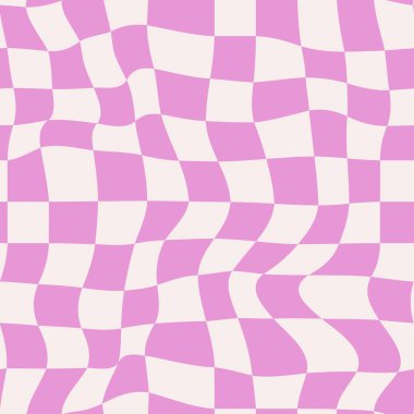 Violet, dama tahtası geçmişini bozmuş. Retro saykodelik kareli duvar kağıdı. Dalgalı harika satranç tahtası yüzeyi. Çarpık geometrik desen. Soyut vektör arkaplan çizimi