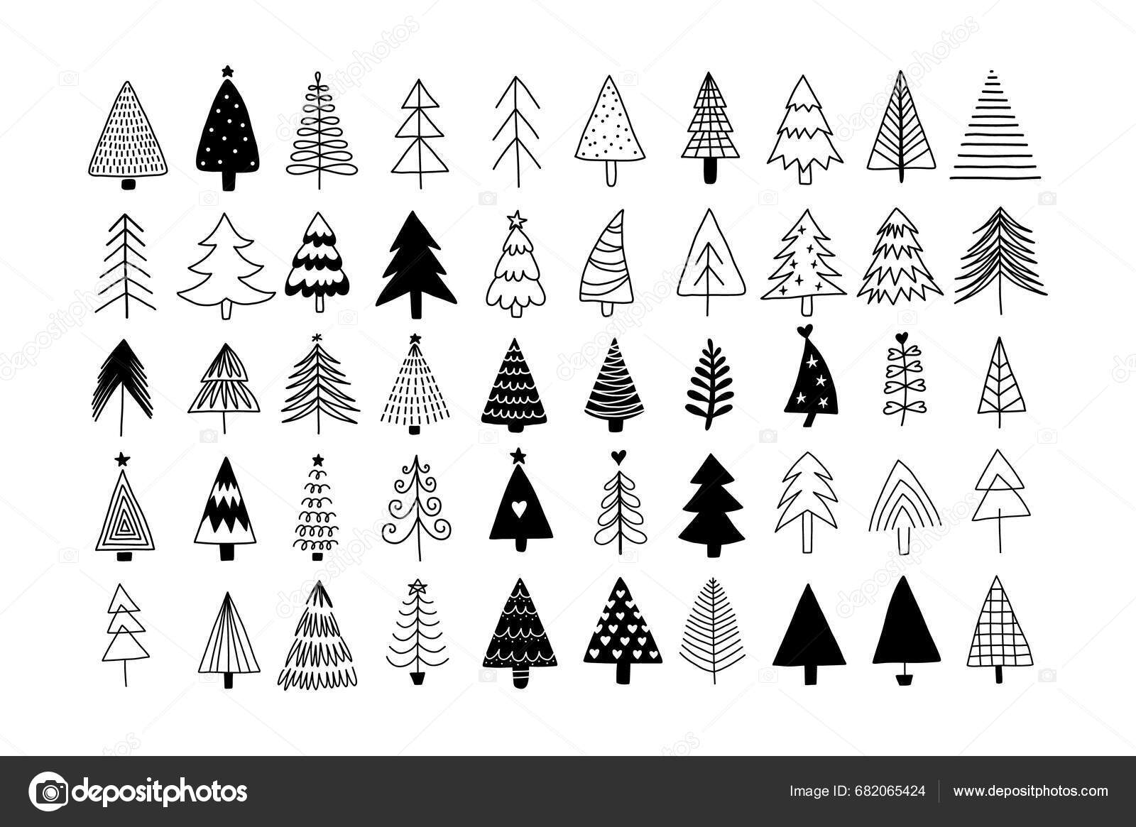Christmas Tree Black White Symbols Fir Tree Line Drawing Vector Stock