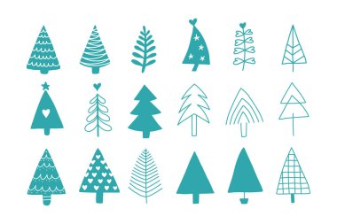 El çizimi Noel ağaçları. Tatil çağının modern sanatı. Soyut karalama mavisi ağaçlar çiziyor. Vektör izole illüstrasyonu