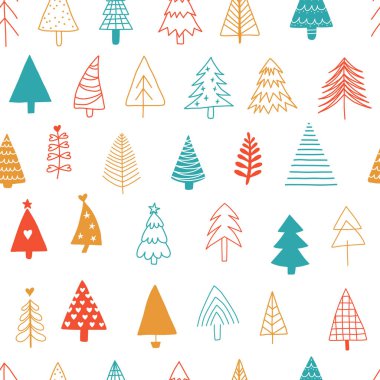 Noel ağacı desenli arka plan. Noel illüstrasyon el resimleri ambalaj kağıdı tasarımı, kış tatili dekorasyonu, modern parlak renkler, el çizimi vektör çizimi