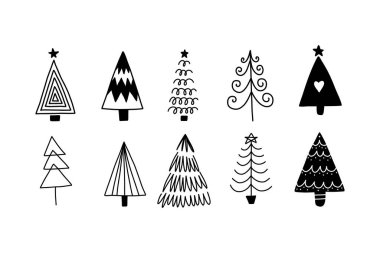 Noel ağacı siyah ve beyaz semboller. Firavun ağacı çizimi, vektör ikonu. Tatil tasarım elementleri beyazda izole edilir. Kış sezonu kartları için basit şekil kavramı, yeni yıl parti posterleri.